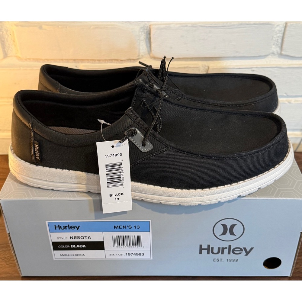Hurley Nesota Mens •13• Black Canvas Slip On Loafers Memory Foam Boat Shoes Surf